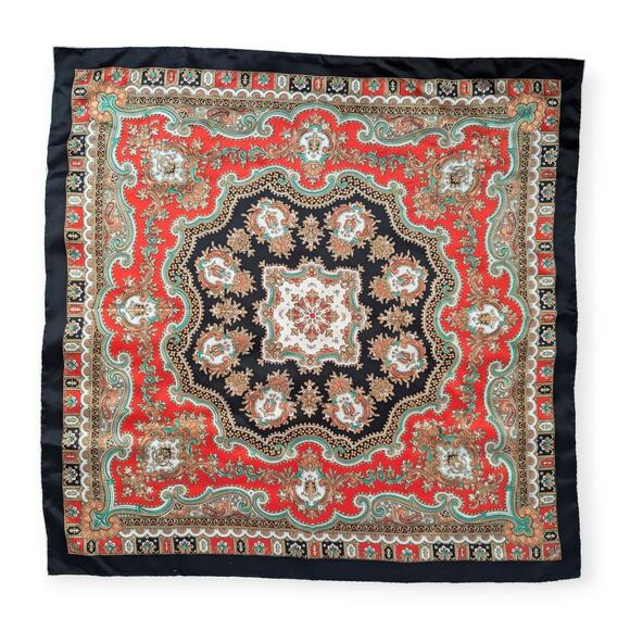 Vintage Silk Scarf Rolled Hems Classic Boho pattern 32" red black - Picture 1 of 5